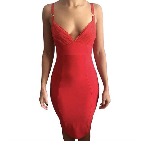 House of CB Dresses & Skirts - House of CB London Red Lace Trim VNeck Sleeveless Bodycon Bandage Dress Mini XS